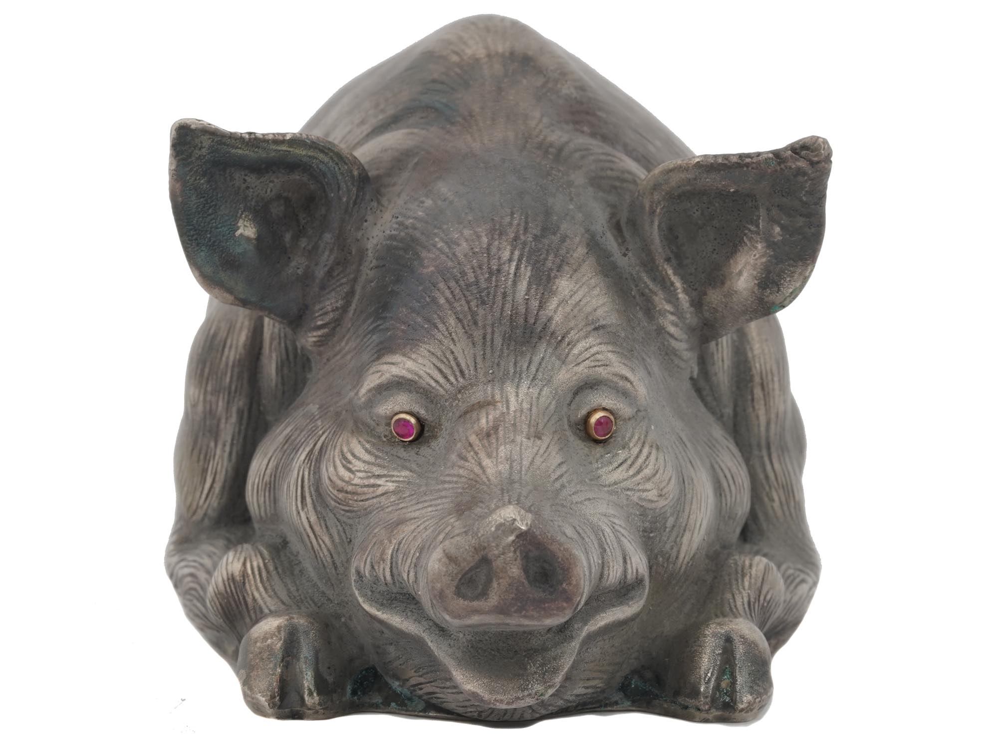 RUSSIAN SILVER PIG FIGURINE WITH RUBY STONE EYES PIC-3